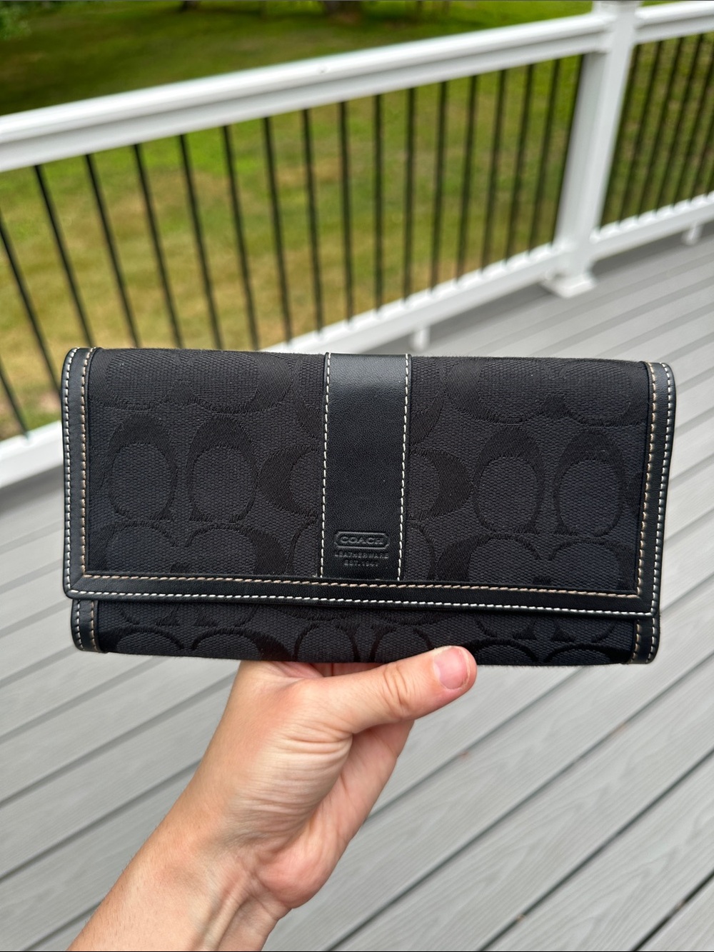 Coach Black Signature Jacquard Fabric & Leather Trim Checkbook Trifold Wallet